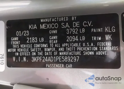 2023 Kia Forte Lxs z USA, uszkodzony, nr VIN 3KPF24AD1PE589297